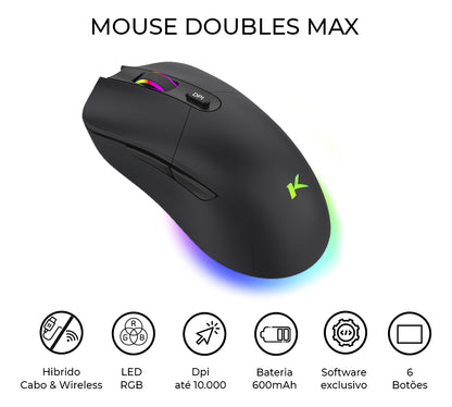 Mouse Gamer Dual USB Wireless 10000DPI Full RGB Com Software