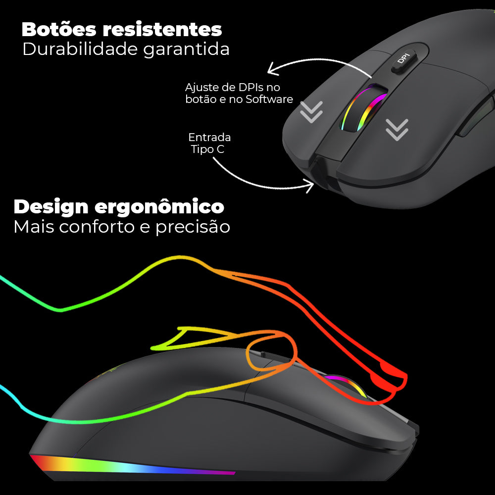 Mouse Gamer Dual USB Wireless 10000DPI Full RGB Com Software