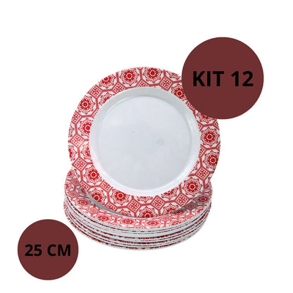 Kit 12 Pratos Refeição 25cm Vermelho Melamina Decorado Bar