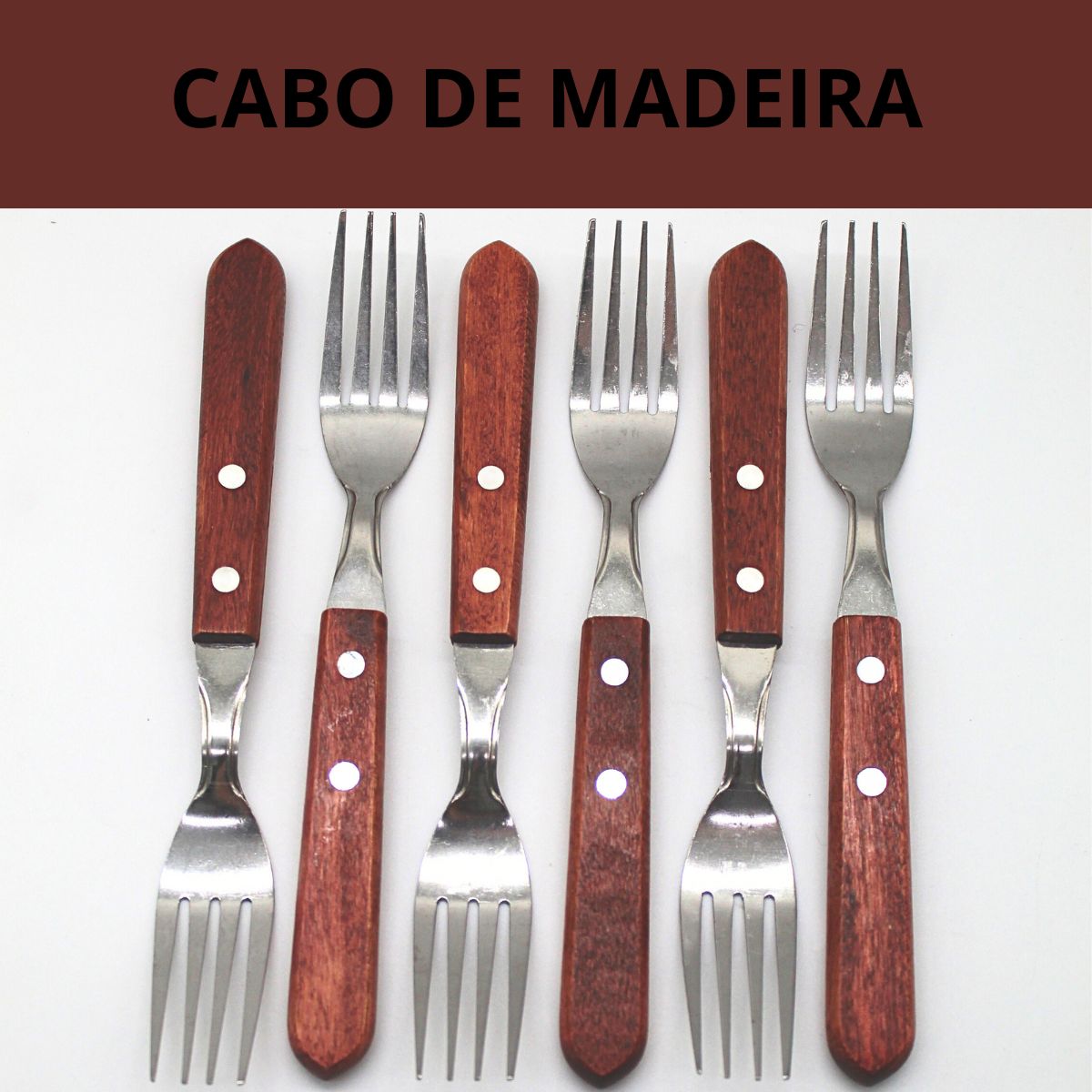 Jogo de Garfo Talher p/ Churrasco 6 pçs com Cabo de Madeira