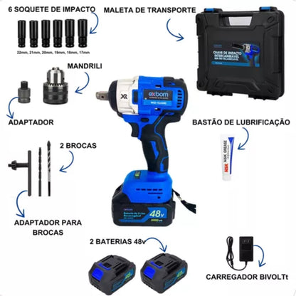 Chave De Impacto Furadeira Parafusadeira Sem Fio Recarregavel 2 Baterias de 48V Roda Pneu