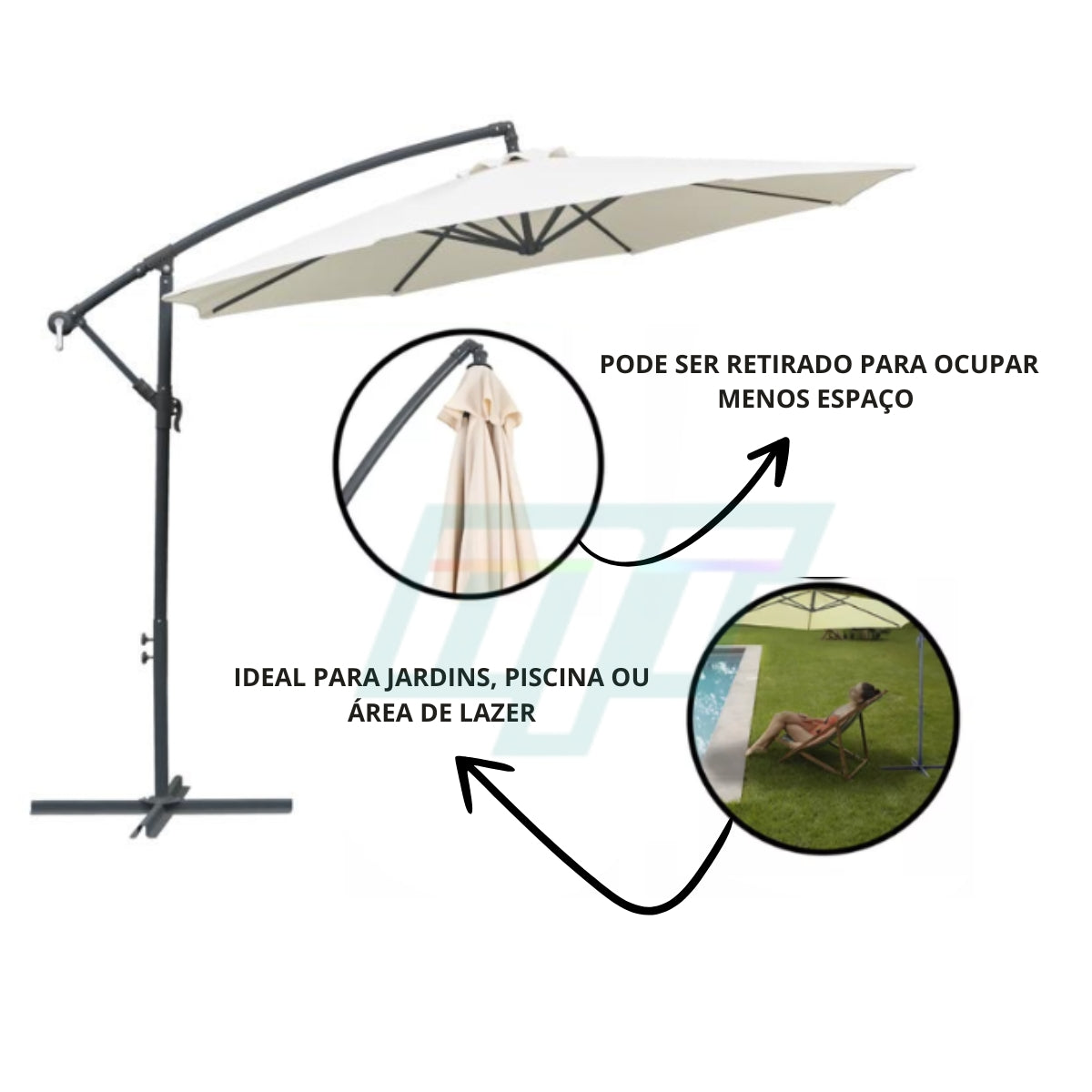 Ombrelone Guarda Sol Articulado Com Base e Manivela 3Mts Cru