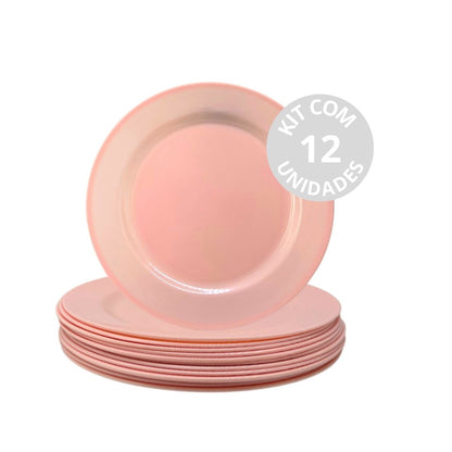 Conjunto 12 Pratos Rasos Rosa 25cm Melamina Refeição Buffet