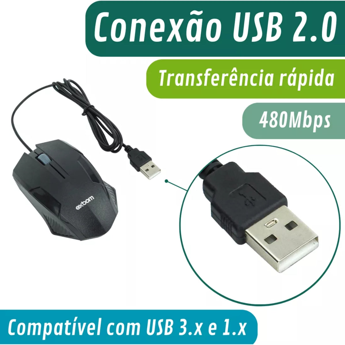 Mouse Óptico Ergonômico C/Fio Usb 1200 Dpi Pc Notebook Exbom