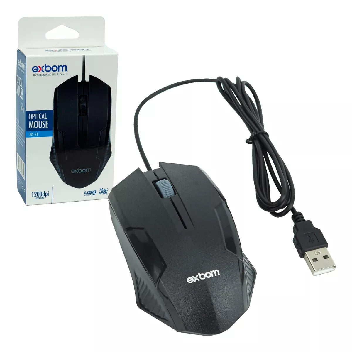 Mouse Óptico Ergonômico C/Fio Usb 1200 Dpi Pc Notebook Exbom