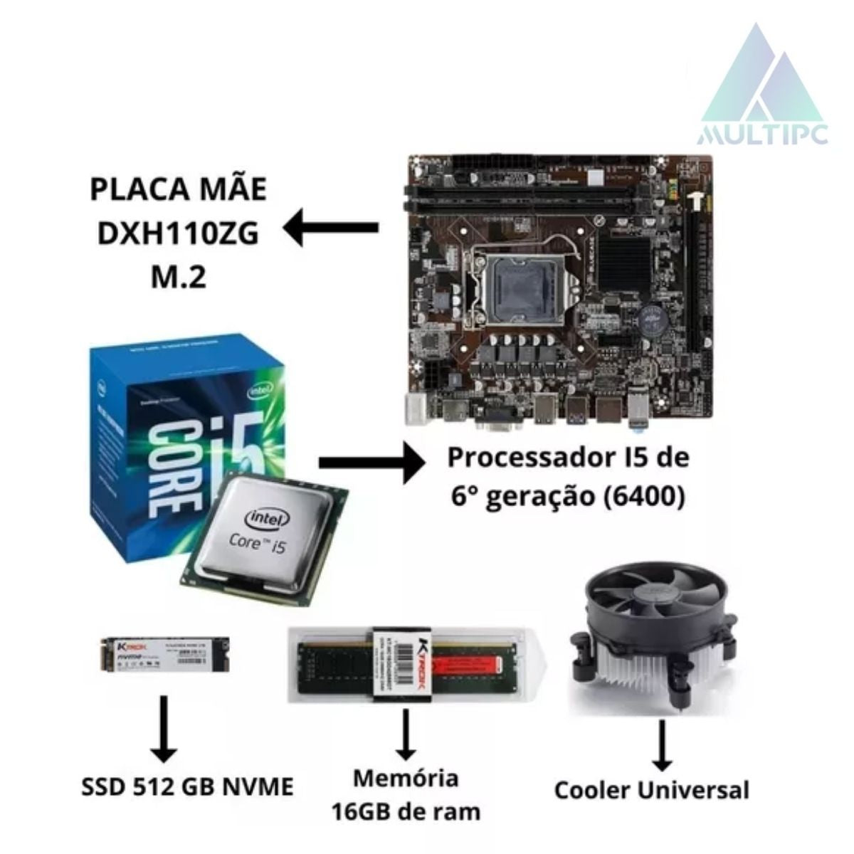 Computador MultiPc Intel Core i5 6ª Geração 16GB RAM SSD 512GB Nvme Wi-Fi Win10 Pro