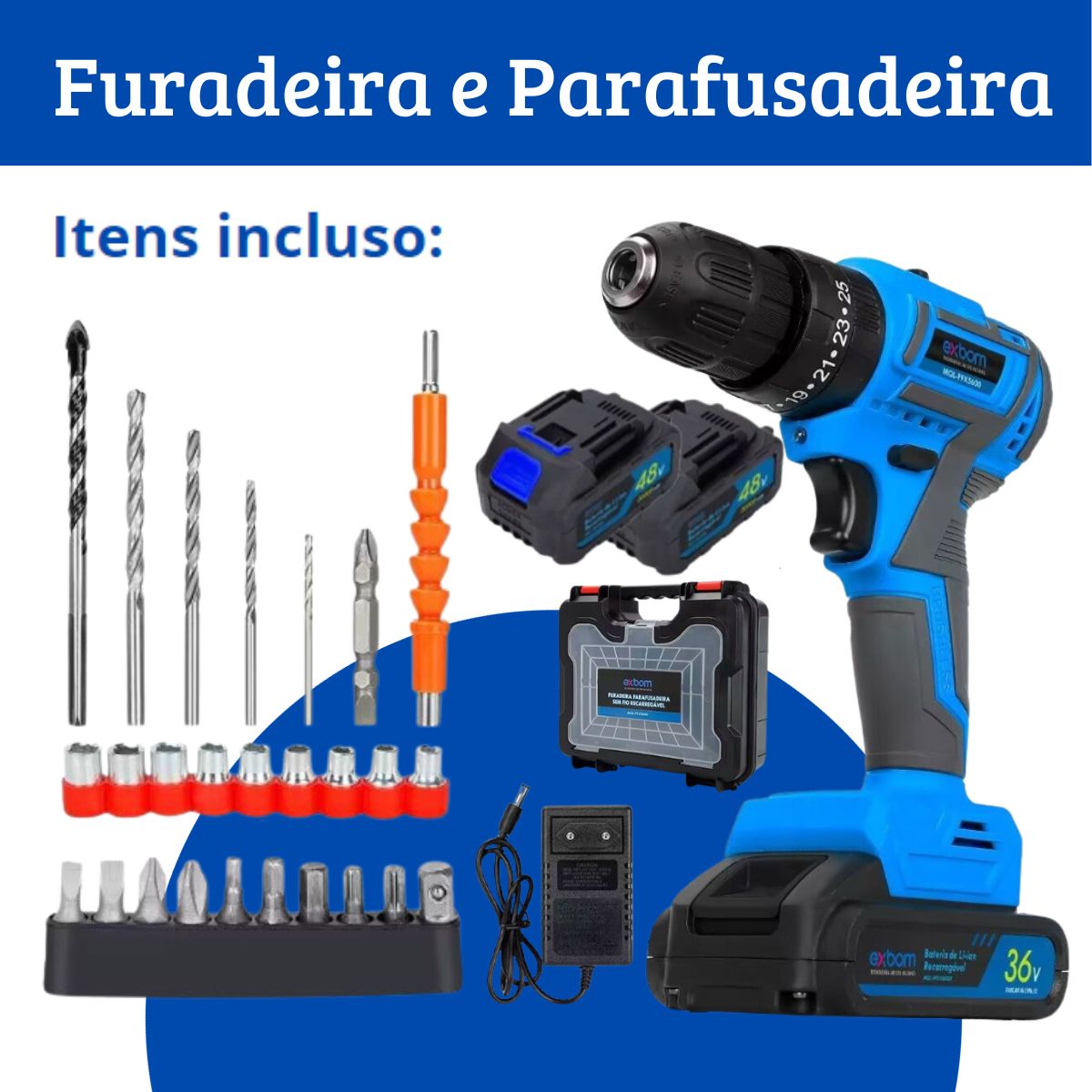 Furadeira Parafusadeira Sem Fio Com 2 Baterias de 36V + Estojo Bivolt