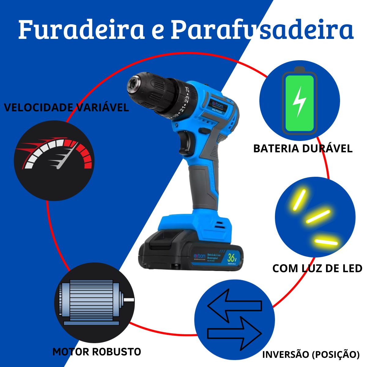 Furadeira Parafusadeira Sem Fio Com 2 Baterias de 36V + Estojo Bivolt